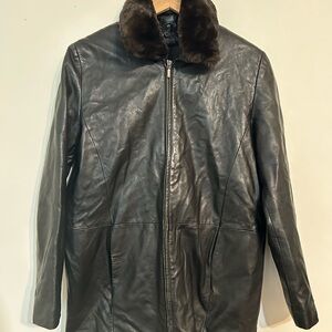 Nicole Miller Black Leather Jacket with Fur Collar